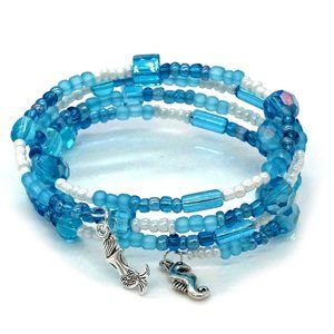 Bracelet Aqua Blue White Seed Beads Mermaid Seahorse Charms Memory Wire OS